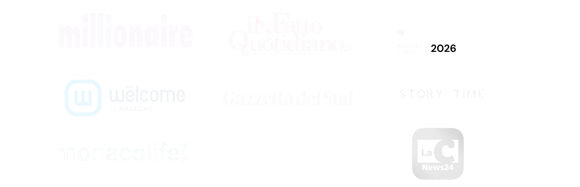 Testate e partner: Millionaire, Il Fatto Quotidiano, Business Partner 24 ORE 2026, Welcome, Gazzetta del Sud, StoryTime, Monacolife, TG3